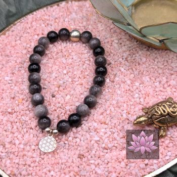 Silberglanzobsidian Mala Armband mit Lebensblume-Anhänger und Silberperle